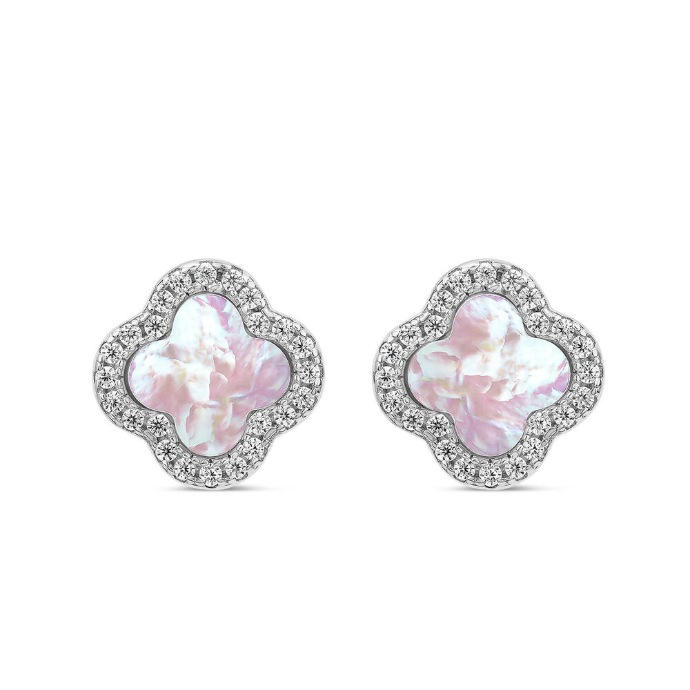 Sterling Silver Mother of Pearl & Cubic Zirconia Clover Petal Stud Earrings